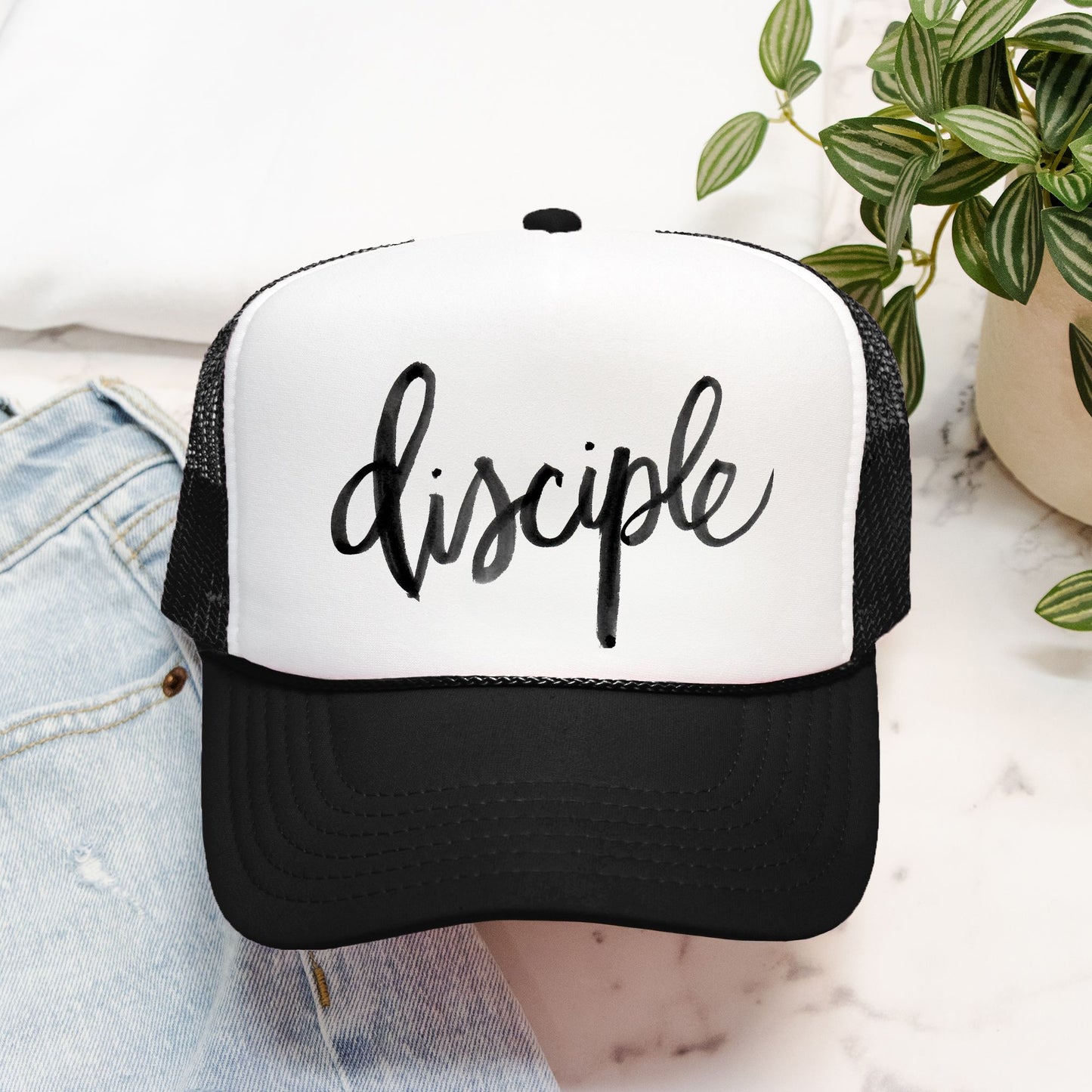 Disciple Black & White Trucker Hat – Living the Call of Christ